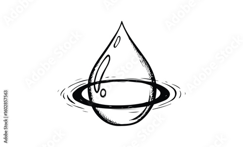 Black and white water droplet splash line art illustration. Vector retro hand drawn illustration.