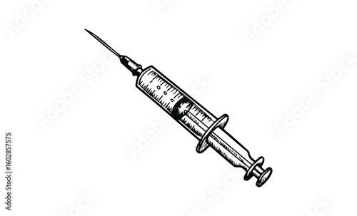 Vintage medical syringe illustration with measurement markings in black and white. Vector retro hand drawn illustration.