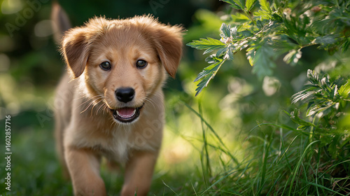 Golden Puppy in Greenery: A delightful golden retriever puppy bounds forward with joyous energy amid vibrant greenery. This photo encapsulates the innocence of youth.