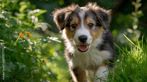 Joyful Puppy Amidst Foliage: A charming puppy gazes into the lens with a cute expression, positioned in a lush greenery. Witness the playful delight of this dog.