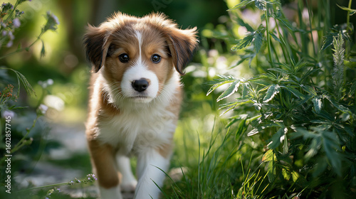 Puppy's Meadow Stroll: A captivating puppy, radiating innocence, explores the vibrant greenery of a sun-drenched meadow, embodying the spirit of spring and the joy of a new day.