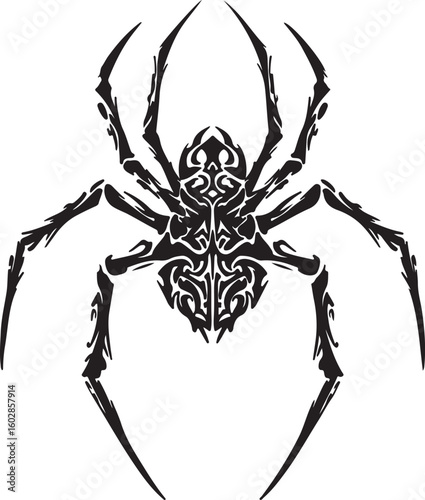 Futuristic spider silhouette merged with ancient tribal symbolism, linear symmetry and abstract black ink styling.