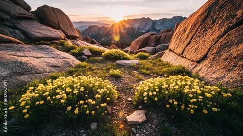 Sunrise Over Mountain Meadow with Yellow Wildflowers