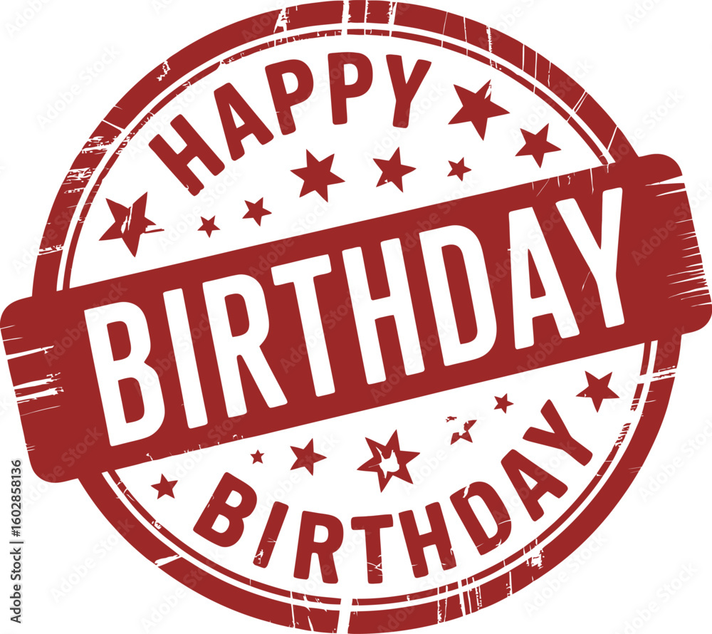 Red Happy Birthday Stamp Vector Illustration - Grunge Style with Stars for Celebrations Red Happy Birthday Stamp Vector Illustration - Grunge Style with Stars for Celebrations