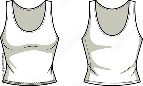 Fitted women’s tank top design with scoop neckline, activewear style, flat fashion sketch, CAD vector illustration, front and back view