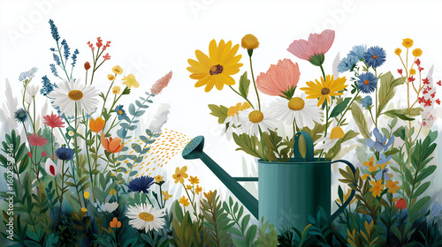 Blooming Haven: A vibrant arrangement of flowers in full bloom, cascading from a watering can, portraying a scene of nature, serenity, and horticultural beauty.