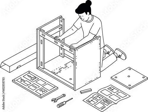 Isometric Illustration: Person Assembling Flat-Pack Furniture with Instructions - DIY Home Improvement