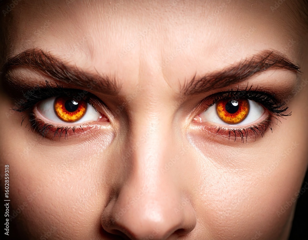 Fototapeta premium Intense gaze of a woman with striking orange eyes and strong eyebrows in a dark setting