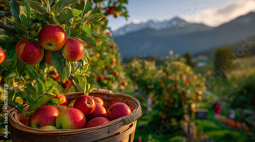 Apples in basket in Orchard: A picturesque view of a bountiful harvest, featuring a wicker basket overflowing with ripe apples nestled in a lush orchard, under the warmth of sunlight. 