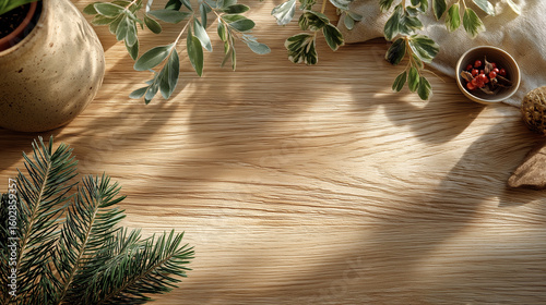 Wooden Backdrop with Floral: A vibrant and inviting image features an arrangement of natural elements - plants, leaves, and spices - thoughtfully placed on a textured wooden surface.
