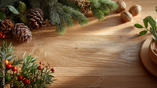 Festive Tabletop: A rustic wooden table, adorned with pinecones, seasonal foliage, and walnuts, exudes the warmth and charm of festive celebrations, evoking the spirit of the holiday season.