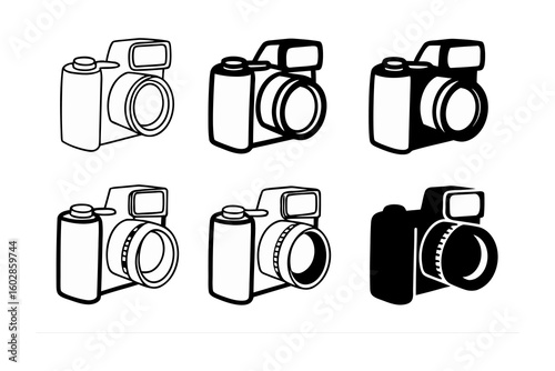 A collection of six hand drawn sketch style illustrations of vintage slr cameras in various poses and shading