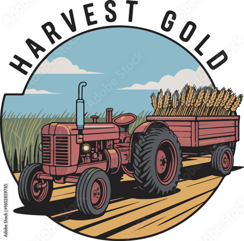 Harvest Gold Tractor with Wheat Wagon in Field Illustration for Agriculture and Farming