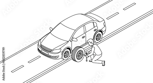 Roadside Flat Tire Change Illustration - Car Breakdown & Repair