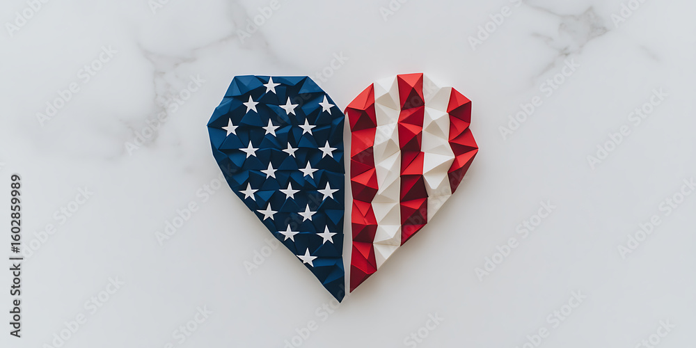 Obraz premium Patriotic Paper Heart: A folded paper heart featuring the stars and stripes. Minimalist design with bold colors on a white marble background.