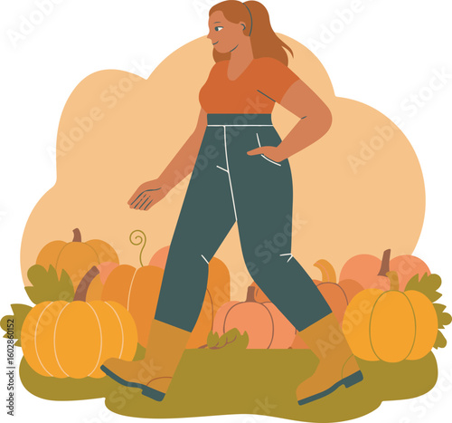 Woman Walking Through Pumpkin Patch in Autumn Illustration for Seasonal Harvest