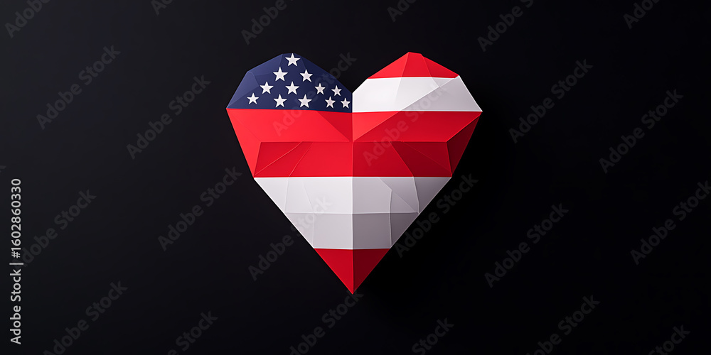 Obraz premium Geometric heart shape with stars and stripes, evoking patriotism and unity, against a solid black background.