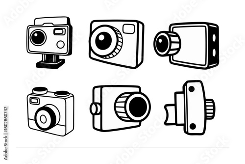 Collection of six hand drawn black and white sketch style icons representing various digital cameras and action cams