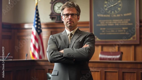 A lawyer in an American courtroom. Legal defense attorney.	