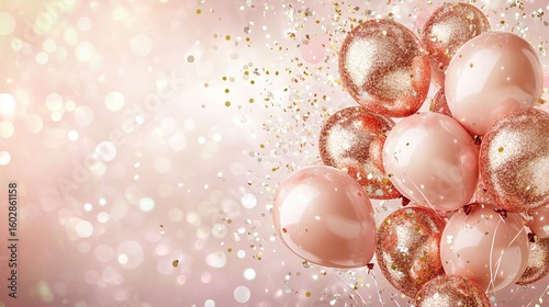Elegant rose gold birthday balloons floating above a soft pink background .