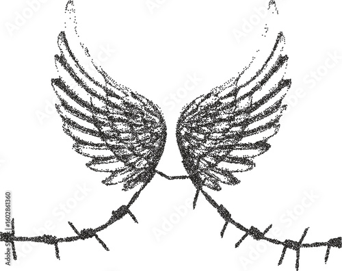 Angel y2k retro stipple art wings brutalist halftone vector png transparent, feather 2000s photocopy effect tattoo aesthetic