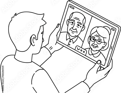 Digital Family Connection: Grandparents Video Call on Tablet - Line Art Illustration
