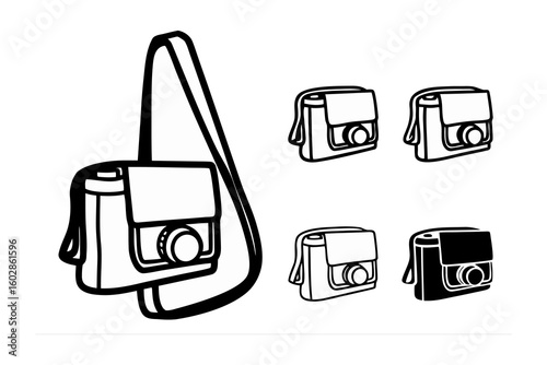 Hand drawn sketch of a versatile messenger bag with multiple views and a detailed close up illustration