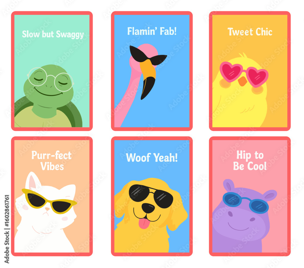 Fototapeta premium Cute Summer Animals with Sunglasses and Funny Slogans – Flat Vector Style