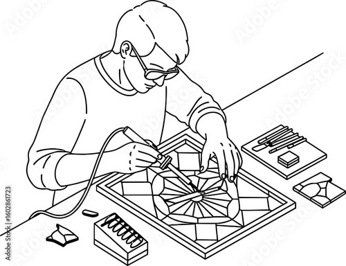 Craftsman Soldering Stained Glass Art: Detailed Line Art Illustration of Artistic Hobby
