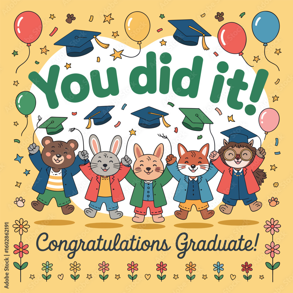 Fototapeta premium Flat kindergarten graduation vector illustration