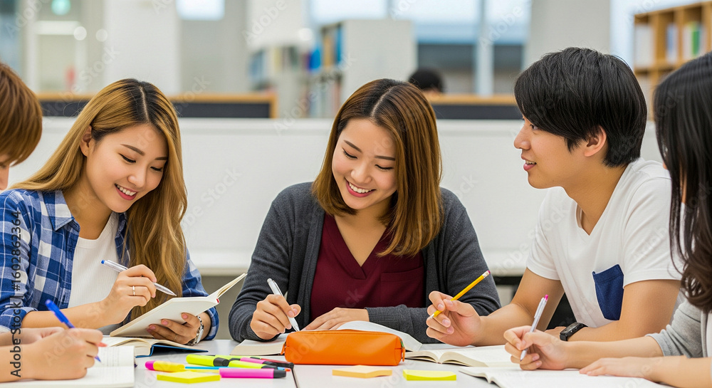 Obraz premium Young Asian Adults Study Group: Collaborative Learning & Academic Teamwork Session