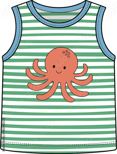 Cute octopus print baby tank top, green striped kids summer shirt, toddler clothing with cartoon sea animal, fun beachwear apparel