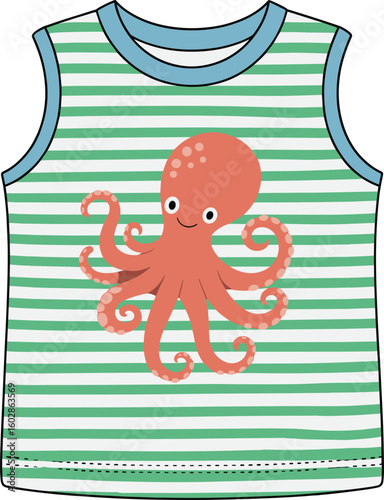 Cute sleeveless kids tank top with smiling cartoon octopus, green white stripes, sea animal print, fun summer beachwear design