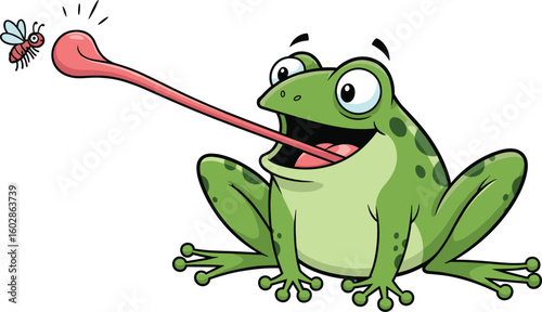 Funny cartoon frog catching insect with long tongue, cute green amphibian illustration, humorous wildlife vector art, kids animal character design