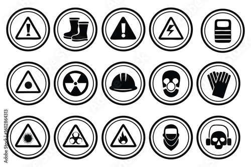 Collection of Safety and Hazard Warning Signs Depicting Various Risks Present in Workplaces and Public Spaces Requiring Specific Protective Gear