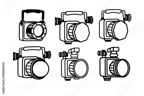 Six vintage camera illustrations showcasing different angles and detailed design elements of classic photographic equipment