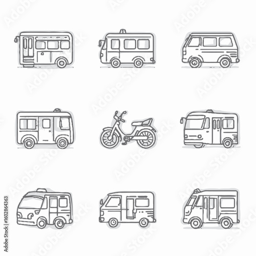 A set of public transport icons featuring various vans, a bus, and a scooter. Outline style vehicle illustrations for travel and transportation.