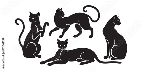 A set of five black cat silhouettes in various poses on a white background vector illustration