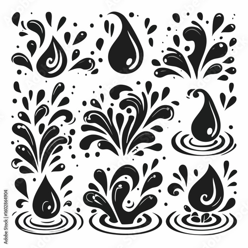Collection of black and white vector water splash and drop icons. A set of stylized liquid symbols showing drips, ripples, and sprays for graphic design.