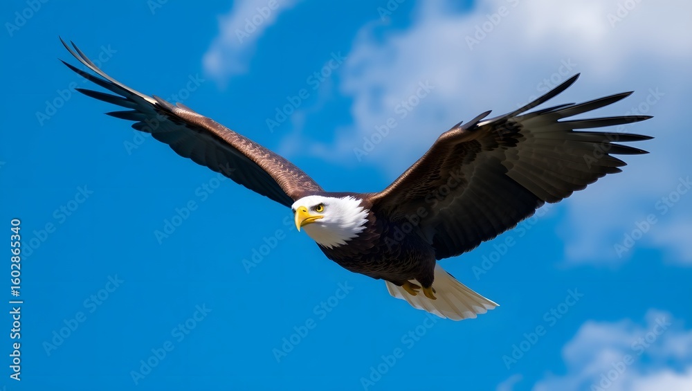 Naklejka premium A close-up of a bald eagle mid-flight with wings spread wide