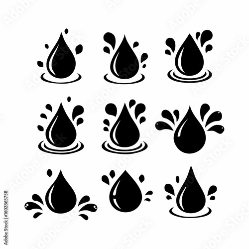 Set of black silhouette icons featuring water splashes and liquid droplets in various dynamic shapes. A collection of vector graphic elements.