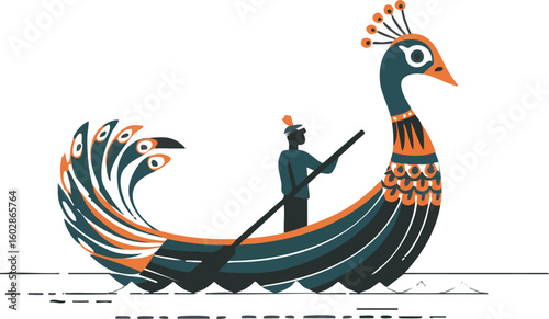 Artistic peacock shaped boat with a person rowing on water