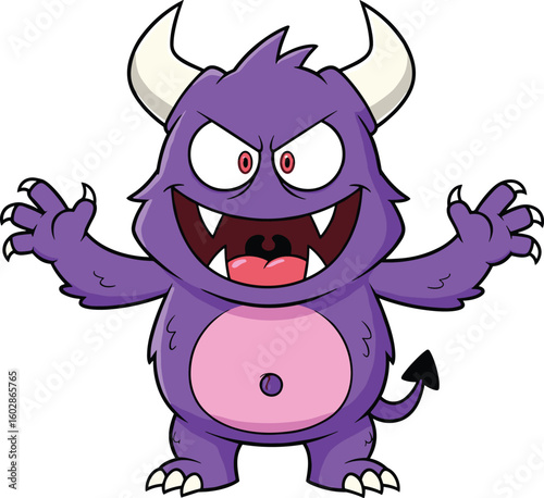Cute cartoon purple monster character with horns, angry expression, fantasy creature, vector illustration, funny design for kids, Halloween art