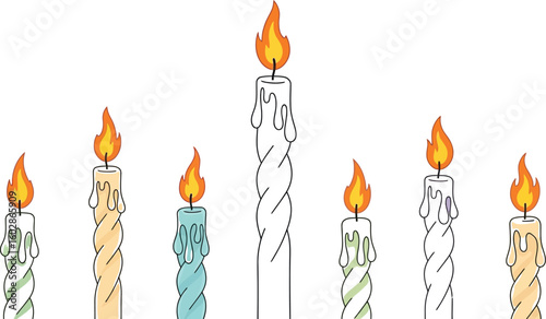 Seven colorful cartoon candles with flickering flames create a festive and whimsical atmosphere, perfect for holiday celebrations or adding a touch of warmth to any design.