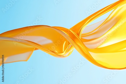 Golden abstract wave on light blue background. Liquid gold dynamic flow design concept