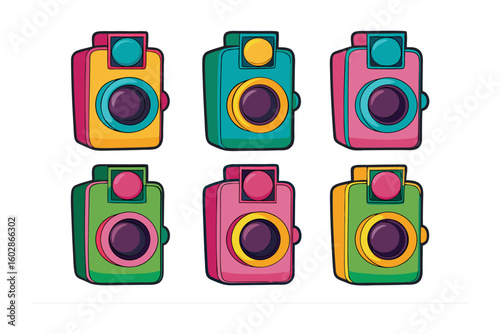 A colorful collection of six retro style toy cameras featuring bright primary and secondary colors