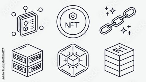 Blockchain Technology Icon Set in Neon Blue for Crypto Networks, Smart Contracts, and Decentralized Systems