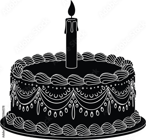 A delightful black cake silhouette with intricate frosting details and a single candle, perfect for birthday celebrations, invitations, or graphic design projects, offering a touch of elegance.
