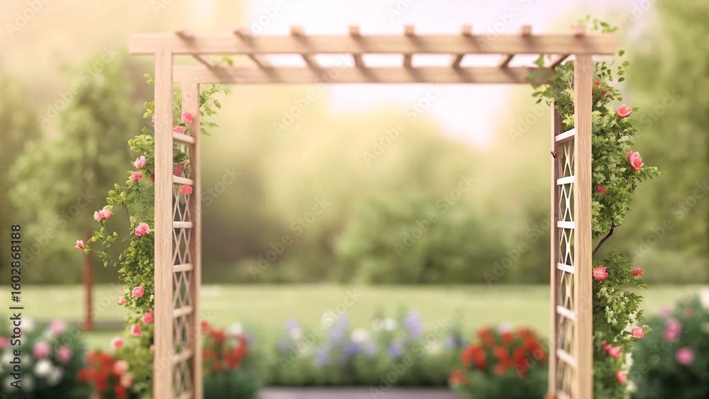 Fototapeta premium The garden in the back is blurred, the front is wood.