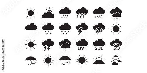 A collection of weather icons showing sun clouds rain lightning and umbrellas in black and white